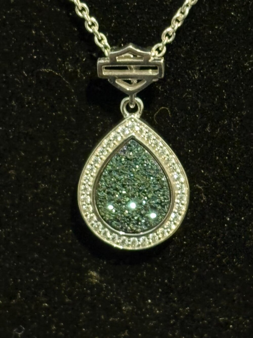 HARLEY DAVIDSON TEARDROP GREEN DRUZY STERLING SILVER NECKLACE